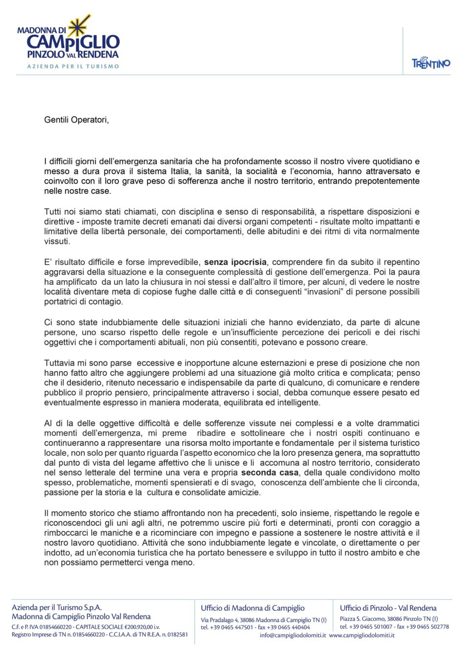 Comunicazione del Presidente dell’APT Madonna di Campiglio Pinzolo Val Rendena