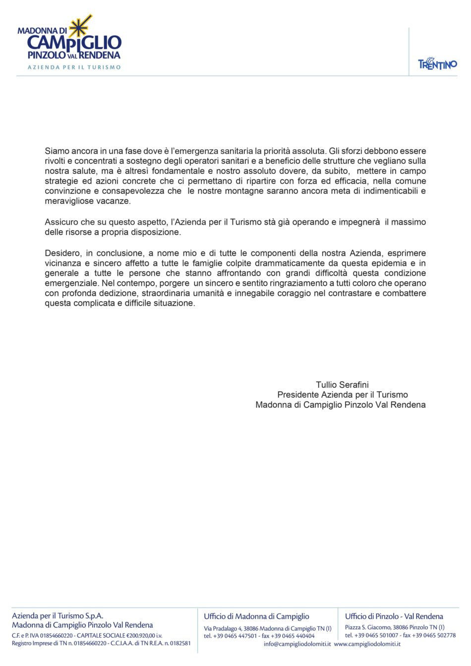 Lettera APT Campiglio Pinzolo Val Rendena