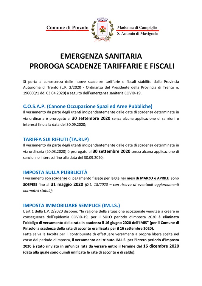 Comune di Pinzolo: Proroga scadenze imposte comunali