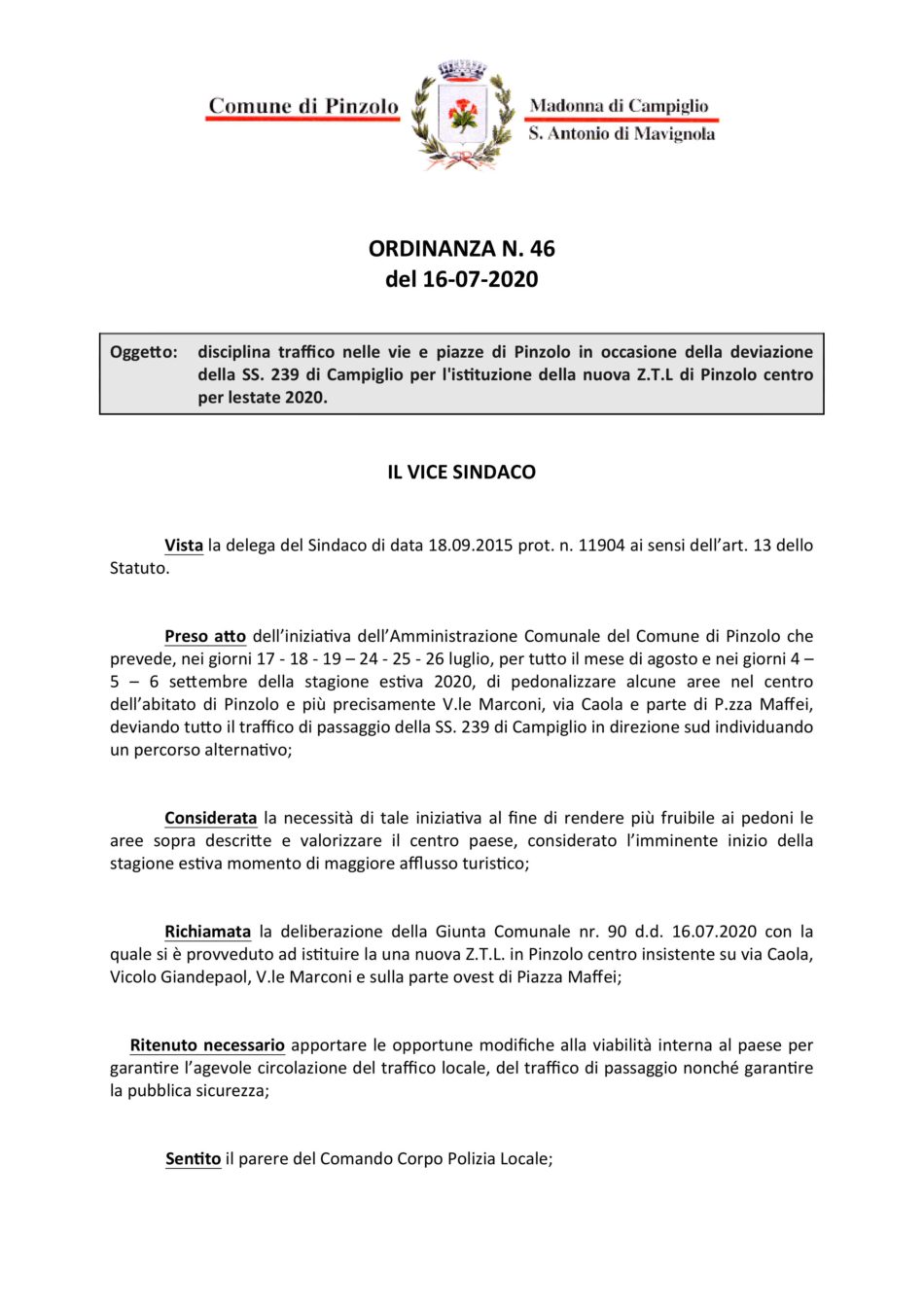 Ordinanza Comune di Pinzolo
