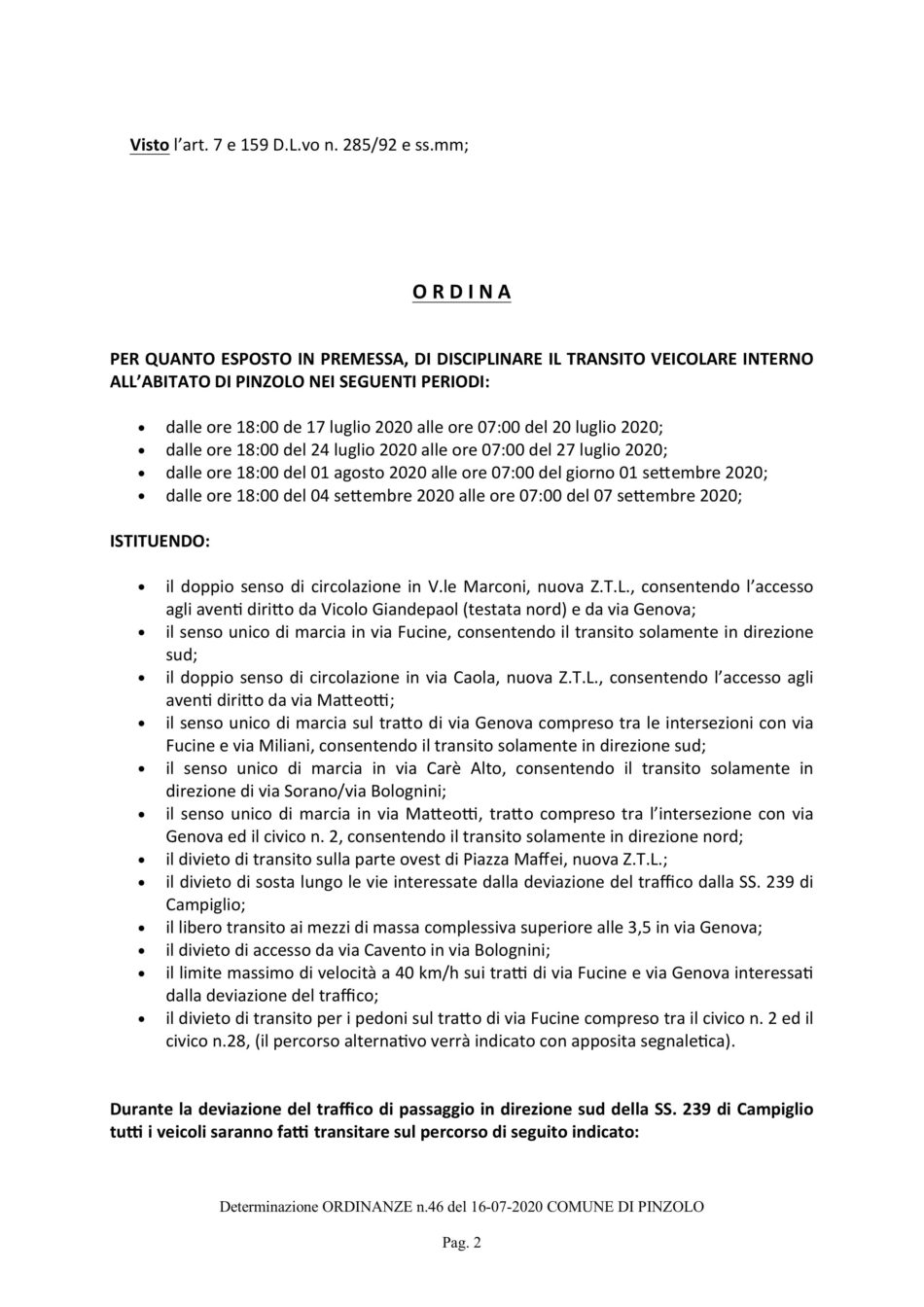 Ordinanza Comune di Pinzolo