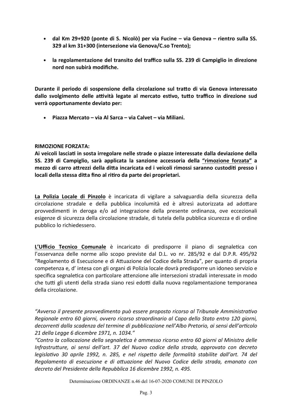Ordinanza Comune di Pinzolo
