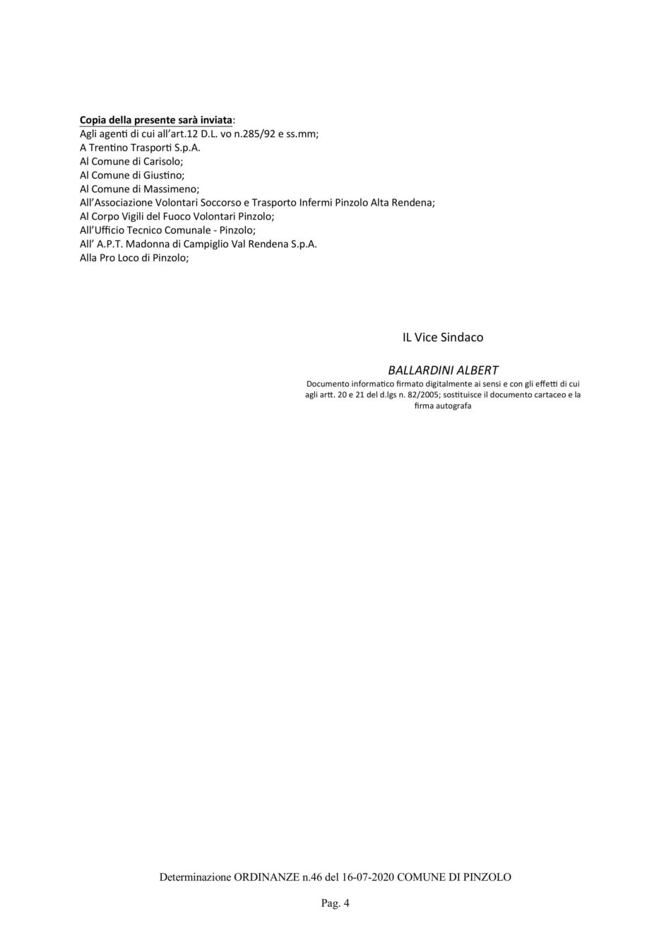 Ordinanza Comune di Pinzolo