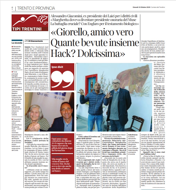 Il Corriere del Trentino dedica una pagina intera ad Alessandro Giacomini