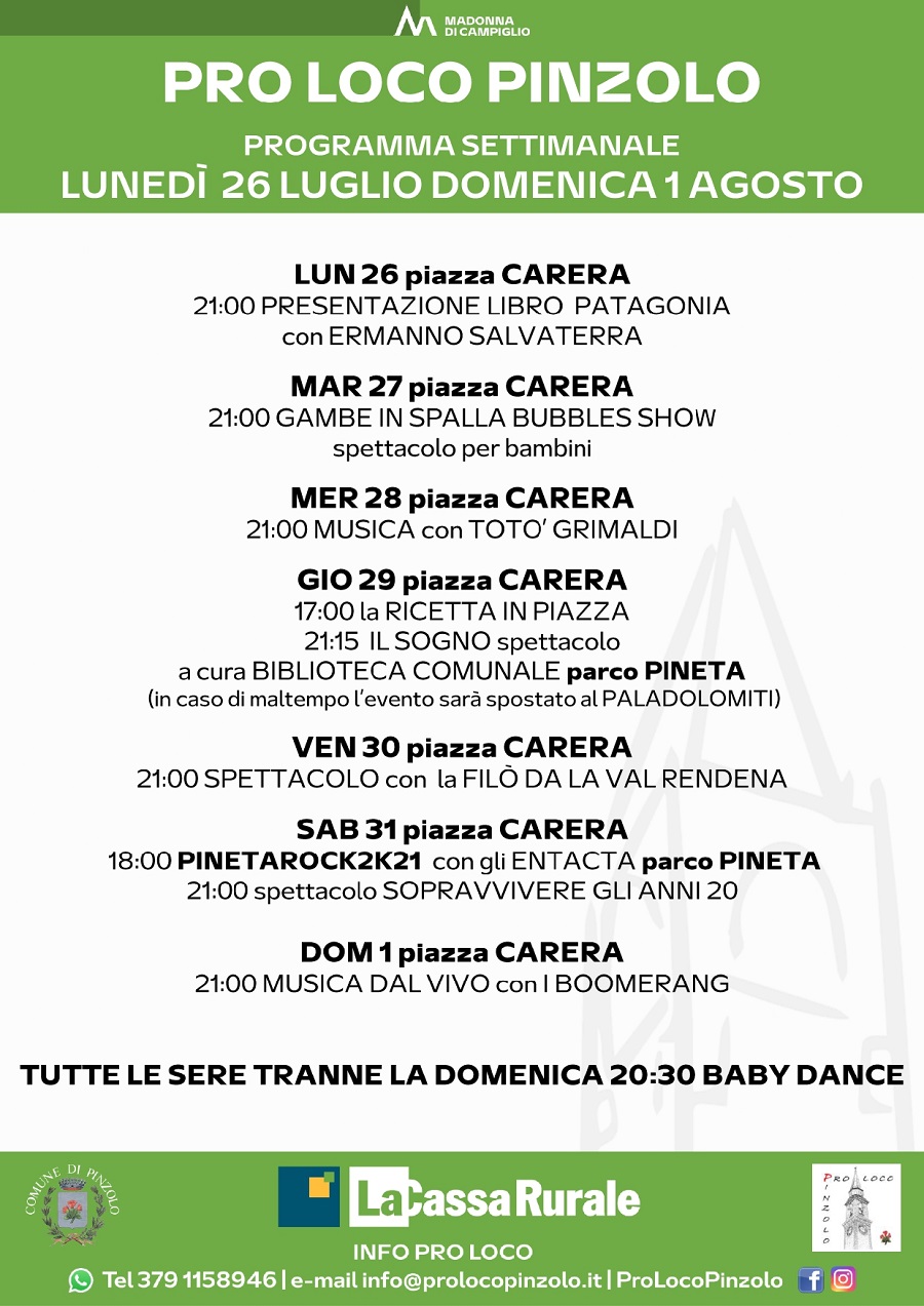 Pro Loco Pinzolo: Programmazione settimanale – Lunedì 26 luglio Domenica 01 agosto 2021