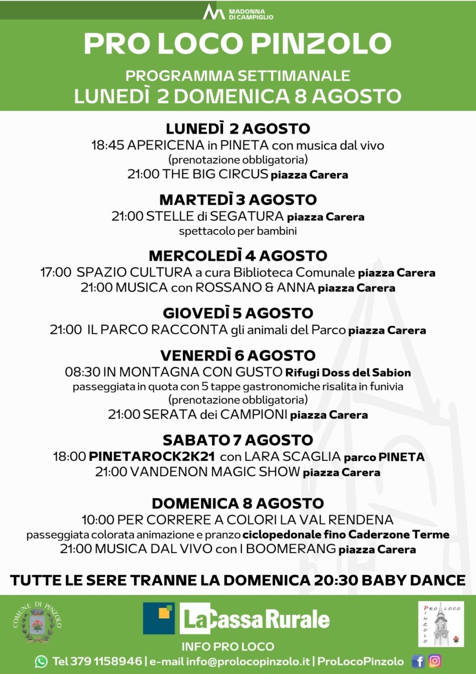 Pro Loco Pinzolo: Programmazione settimanale – Lunedì 02 agosto Domenica 08 agosto 2021