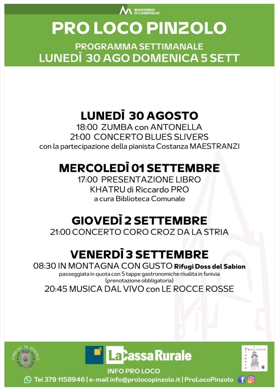 Pro Loco Pinzolo: Programmazione settimanale – Lunedì 30 agosto Domenica 05 settembre 2021