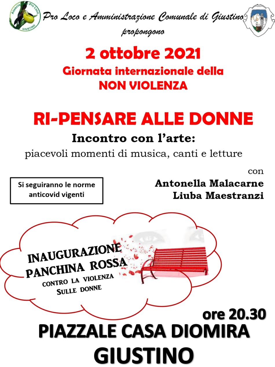 Giustino – Giornata internazionale della non violenza con inaugurazione di una panchina rossa
