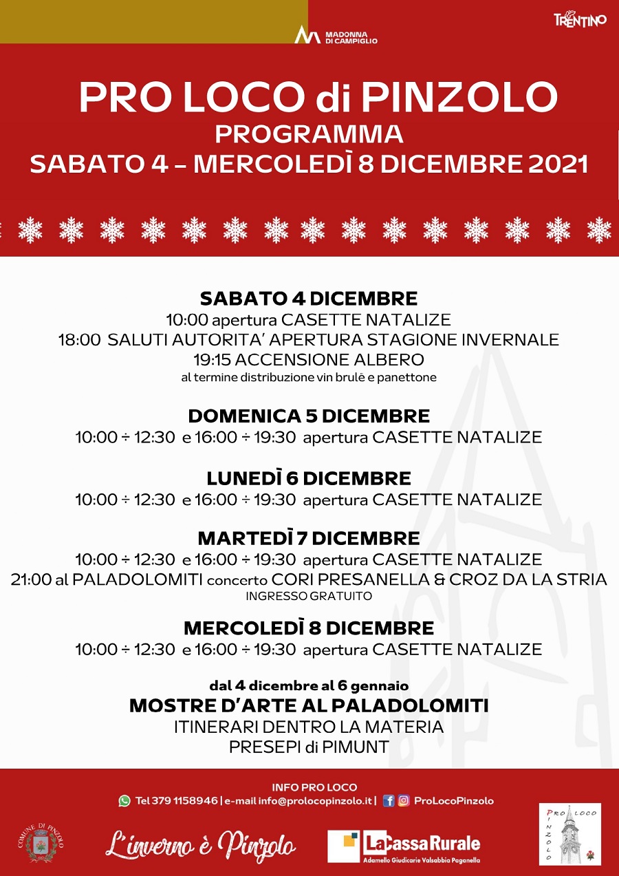 Pro Loco Pinzolo: Programma dal 4 all’8 dicembre 2021