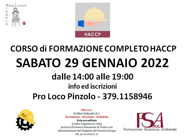 Corso di formazione HACCP organizzato dalla Pro Loco Pinzolo. Ultimi posti disponibili