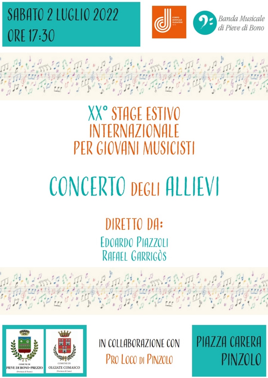 Concerto degli Allievi in piazza Carera sabato 2 luglio ore 17:30 – Stage estivo internazionale per giovani musicisti