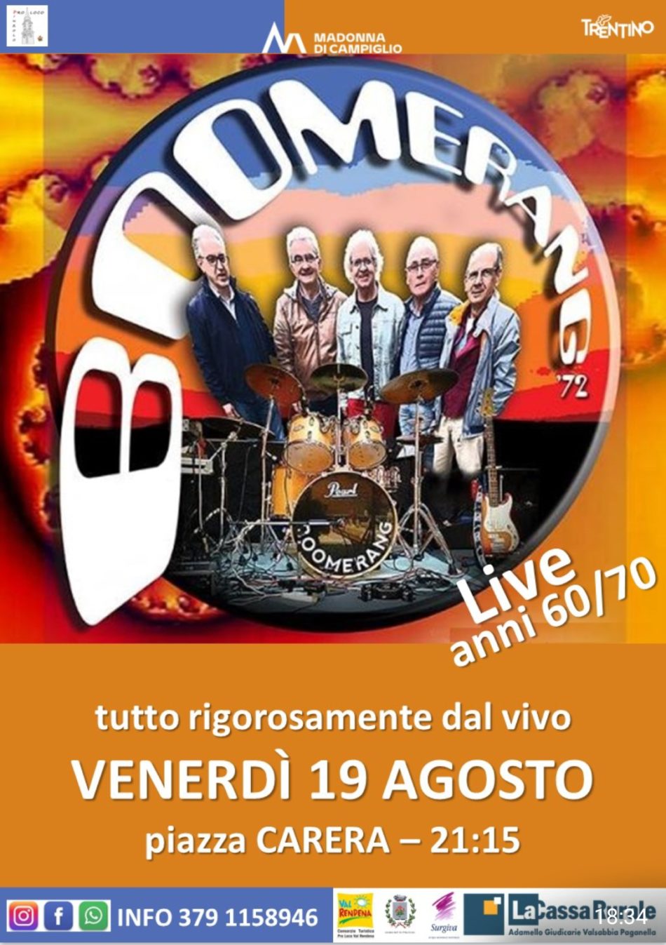 Pinzolo – Venerdi 19 agosto ore 21.15: concerto dei “Boomerang” in piazza Carera