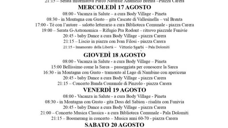 L’Estate è Pinzolo: Programma settimanale dal 15 al 21 agosto