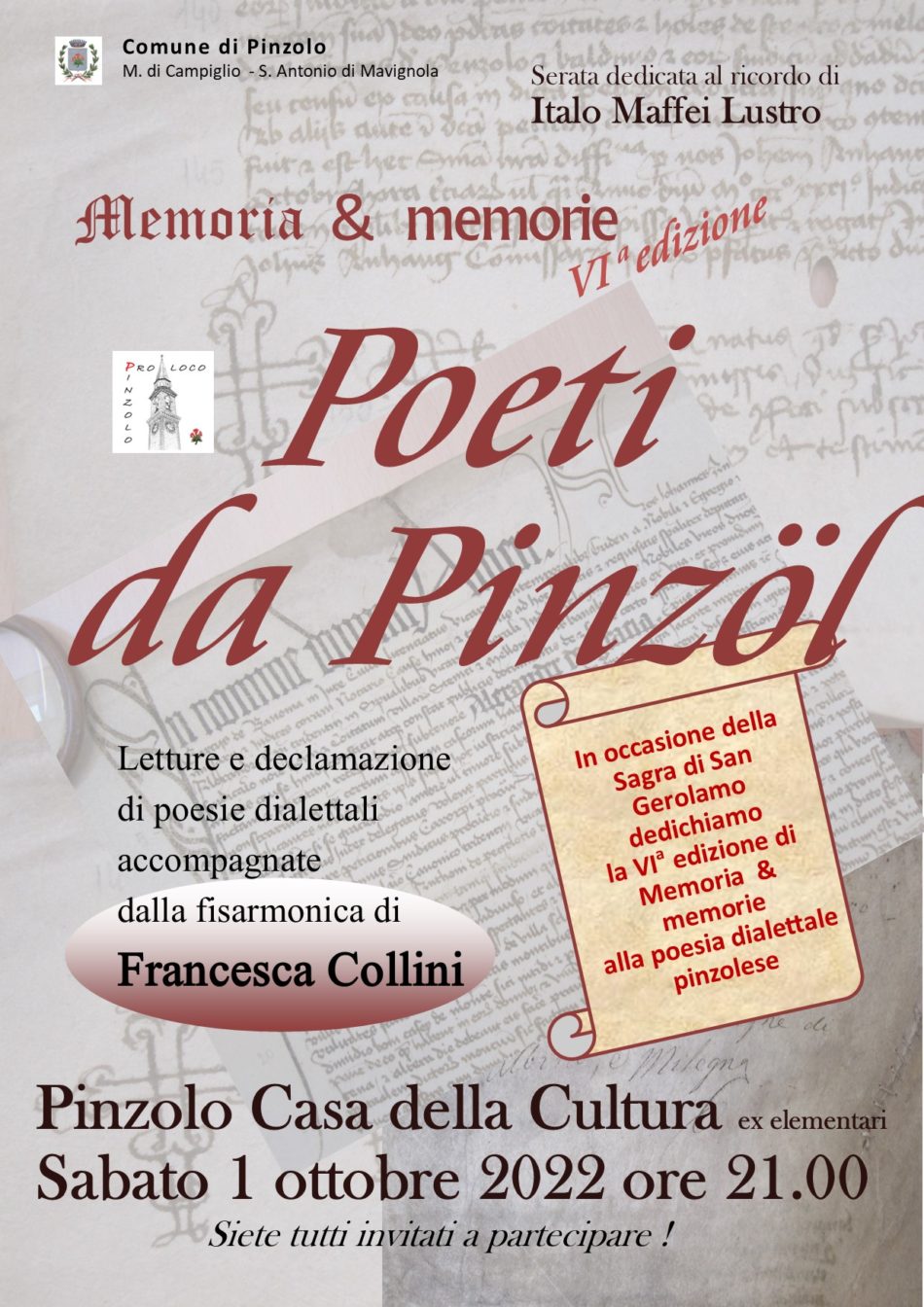 Casa della Cultura – 1 ottobre ore 21.00: “Poeti da Pinzol”