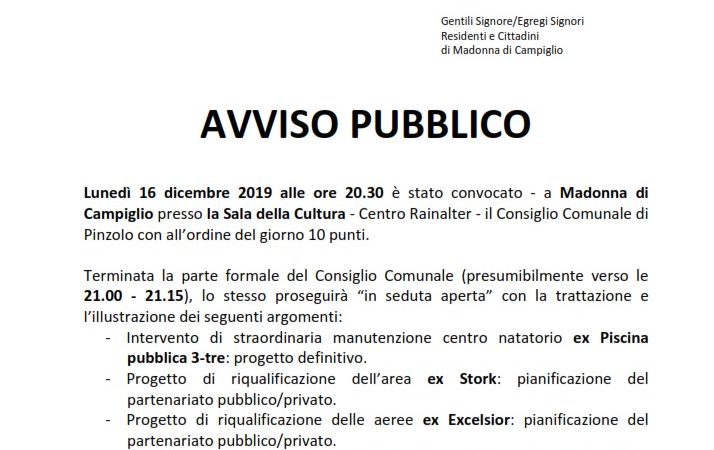 AVVISO PUBBLICO- 16 dicembre 2019 Consiglio Comunale a Madonna di Campiglio