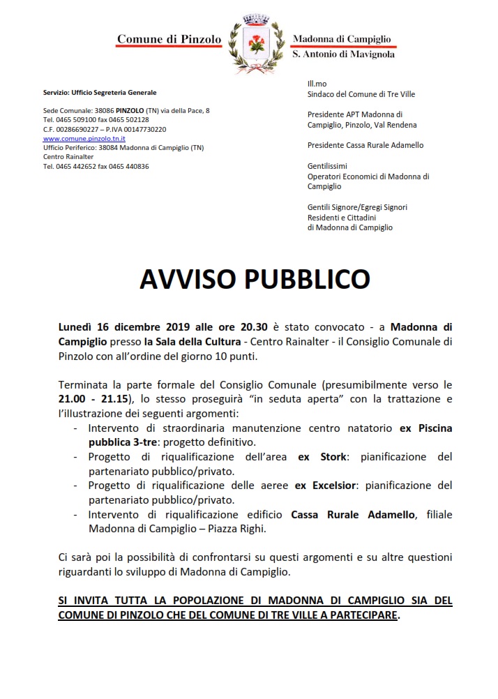 AVVISO PUBBLICO- 16 dicembre 2019 Consiglio Comunale a Madonna di Campiglio