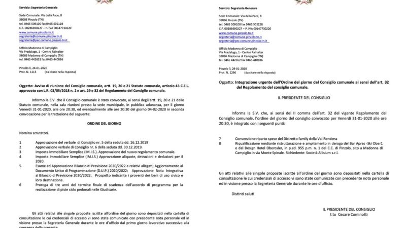Il Consiglio comunale di Pinzolo è stato convocato per oggi 31.01.2020 alle ore 20.30, presso la Sala Consiliare comunale