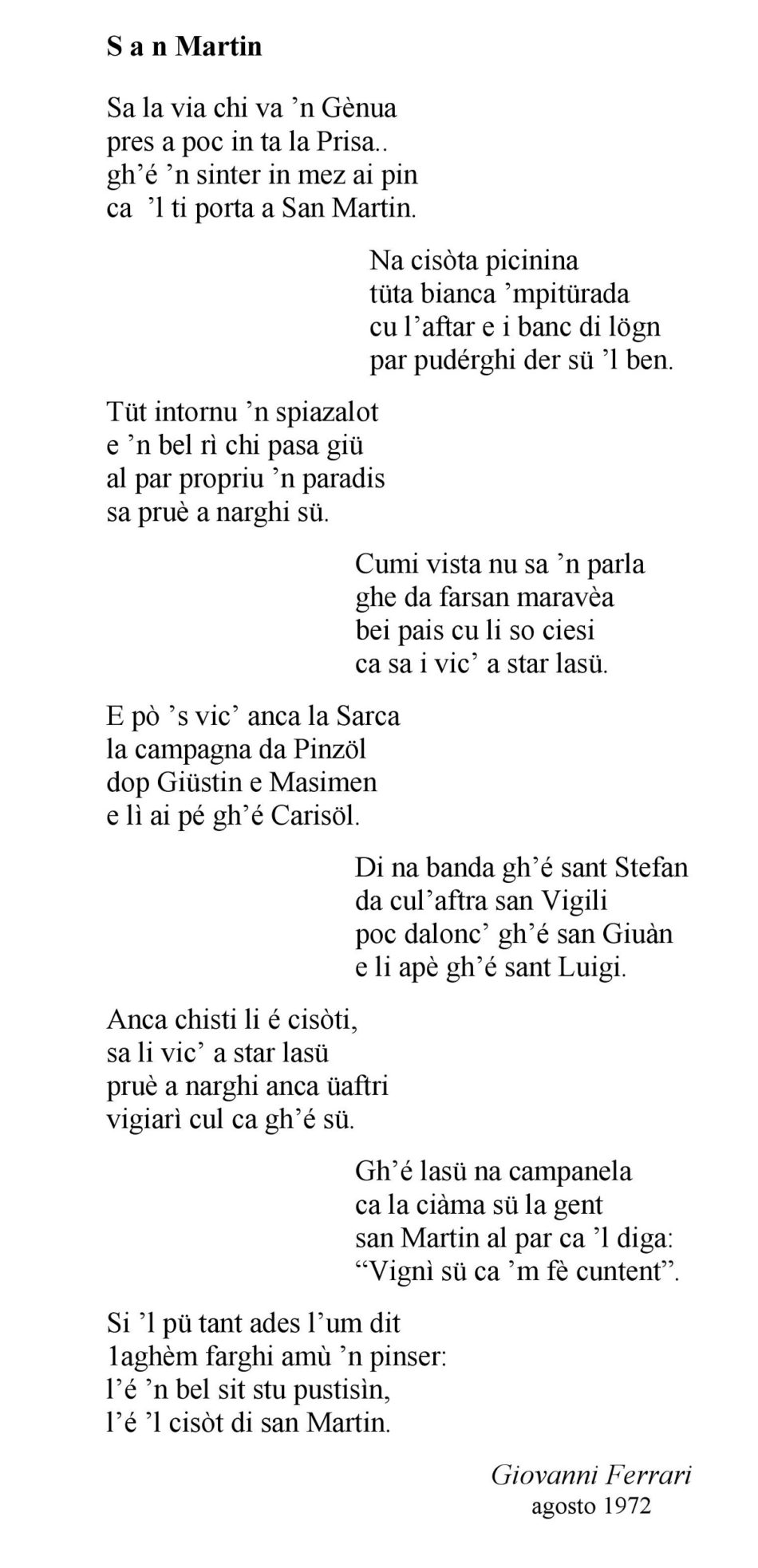 Poesie in dialetto: “San Martin” di Giovanni Ferrari (Pirisèp, detto Pacifico)