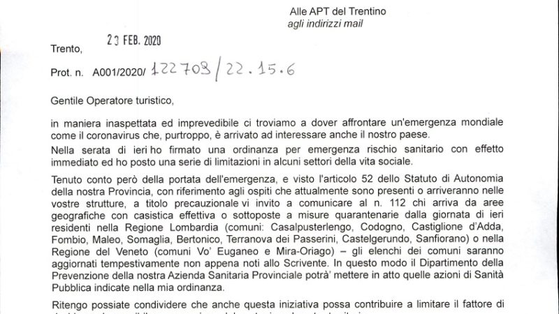 Lettera del Presidente Fugatti a tutti gli operatori turistici: comunicare al 112 chi arriva da aree sottoposte a misure quarantenarie della Lombardia e del Veneto