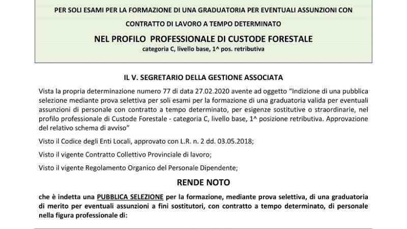 Comune di Pinzolo: AVVISO DI PUBBLICA SELEZIONE- CUSTODE FORESTALE
