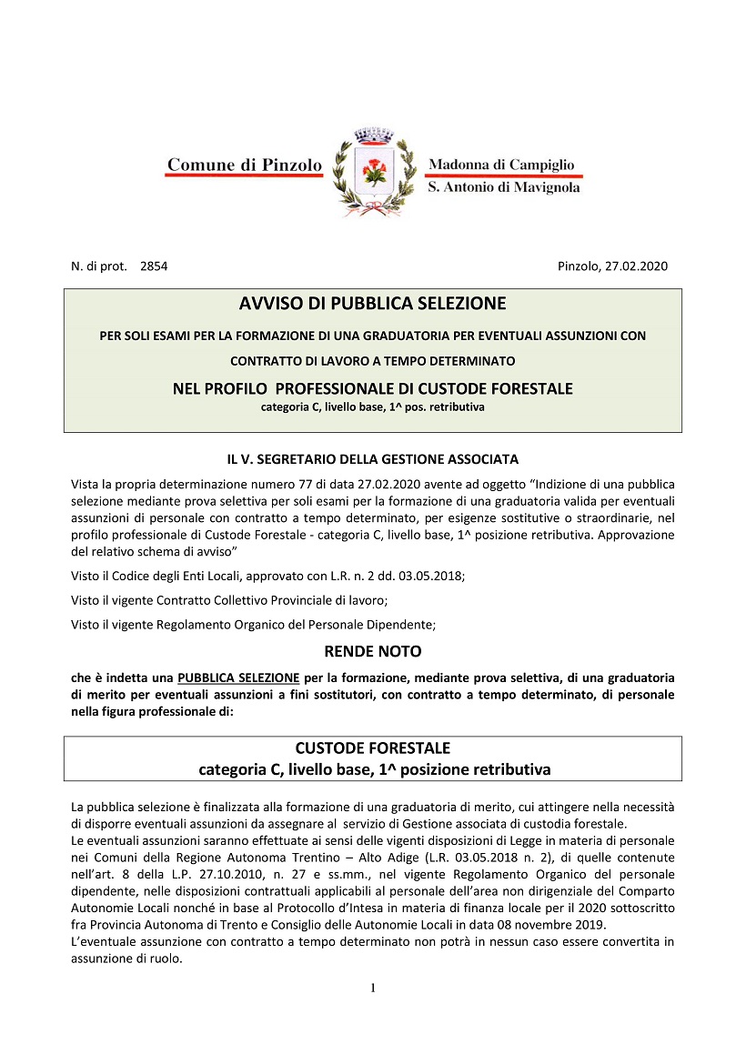 Comune di Pinzolo: AVVISO DI PUBBLICA SELEZIONE- CUSTODE FORESTALE