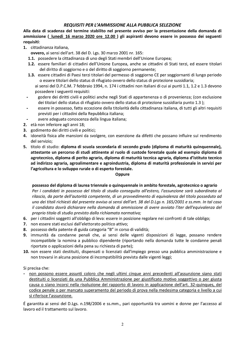 AVVISO DI PUBBLICA SELEZIONE- CUSTODE FORESTALE