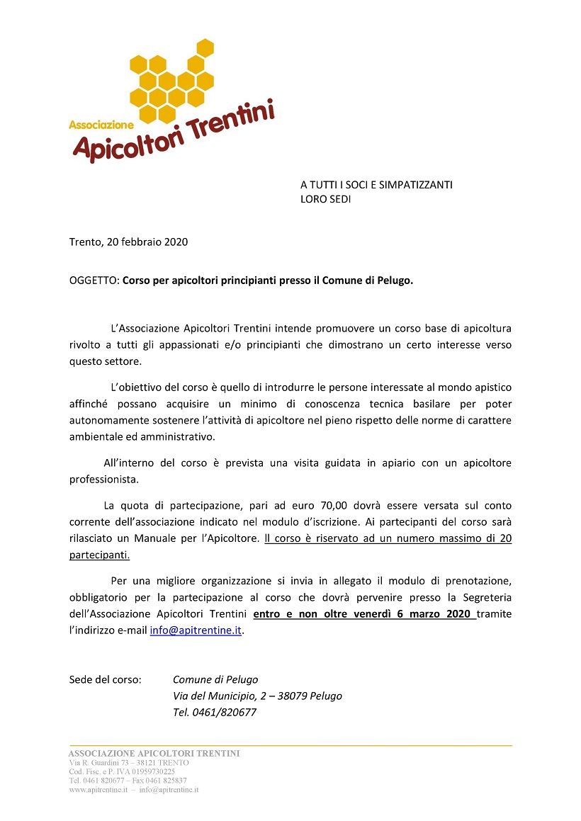 Corso per apicoltori principianti presso il Comune di Pelugo