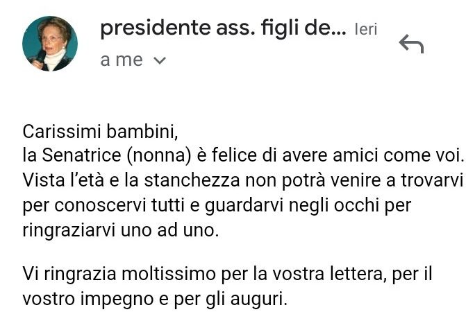 CARISSIMA SIGNORA LILIANA SEGRE,  SIAMO I BAMBINI DELLE CLASSI QUARTA E QUINTA DELLA SCUOLA PRIMARIA DI CARISOLO
