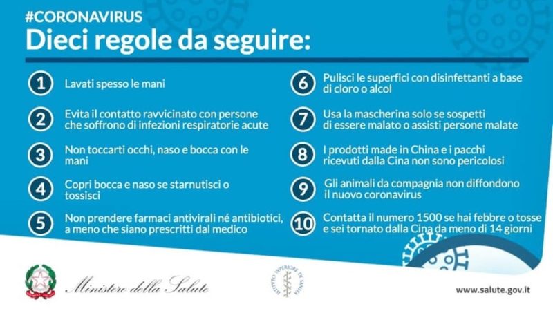 MINISTERO della SALUTE, ecco le 10 REGOLE per PREVENIRE il CORONAVIRUS