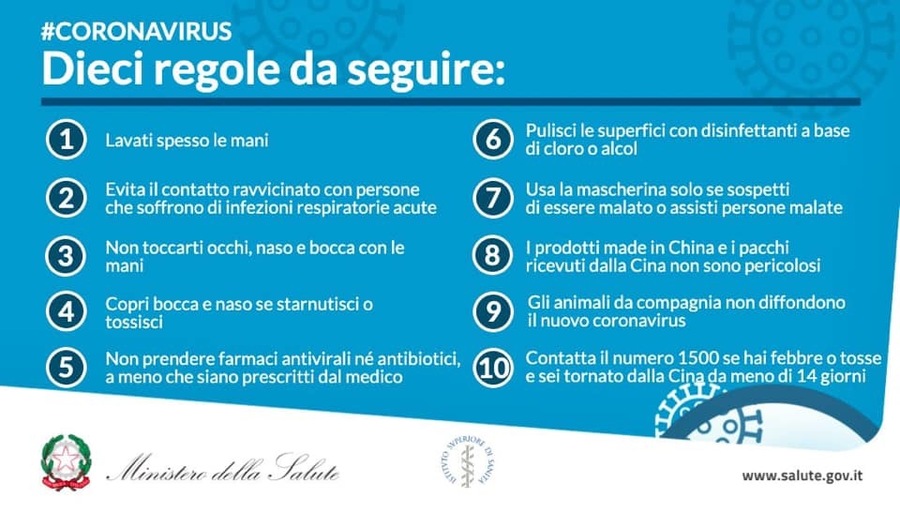 MINISTERO della SALUTE, ecco le 10 REGOLE per PREVENIRE il CORONAVIRUS
