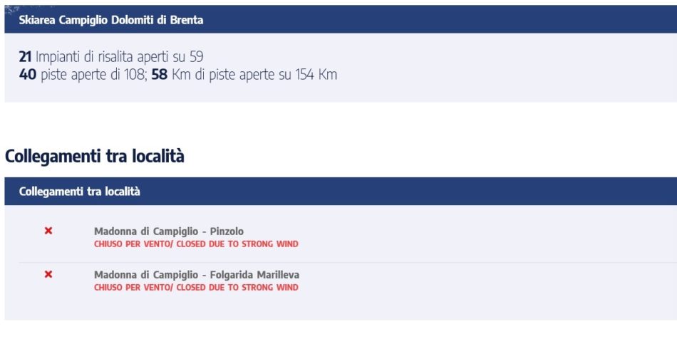 A causa delle forti raffiche di vento in quota, stamattina gli impianti di Pinzolo e Campiglio sono chiusi. Aperti quasi tutti invece a Folgarida-Marilleva