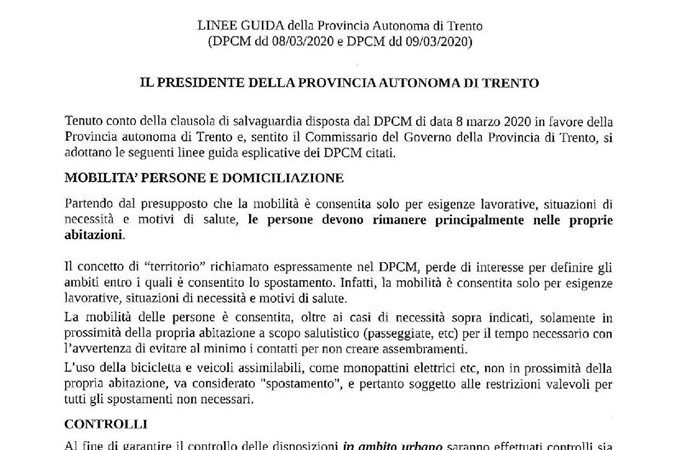 Nuove linee guida provinciali di chiarimento dei DPCM di data 8 e 9 marzo 2020.