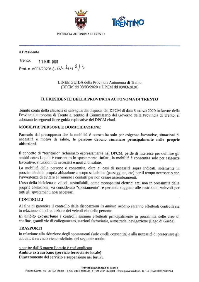 Nuove linee guida provinciali di chiarimento dei DPCM di data 8 e 9 marzo 2020.