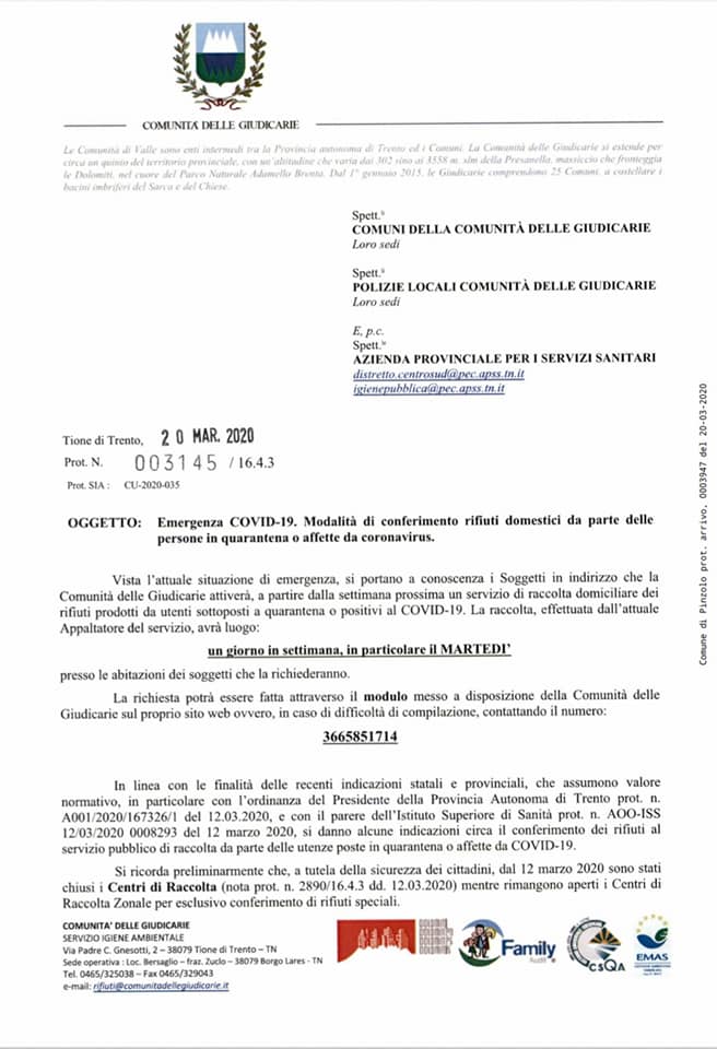 Comunicazione della Comunità delle Giudicarie in merito al conferimento di rifiuti domestici da parte di persone in quarantena o affette da coronavirus