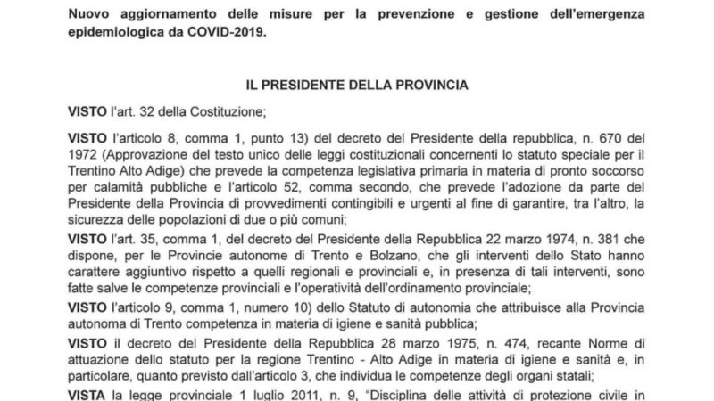Coronavirus: nuova ordinanza del presidente Fugatti. Previste anche misure per il trasporto pubblico
