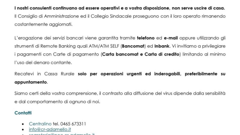 EMERGENZA SANITARIA COVID-19: NUOVI ORARI DELLA CASSA RURALE ADAMELLO A PARTIRE DAL 20 MARZO 2020
