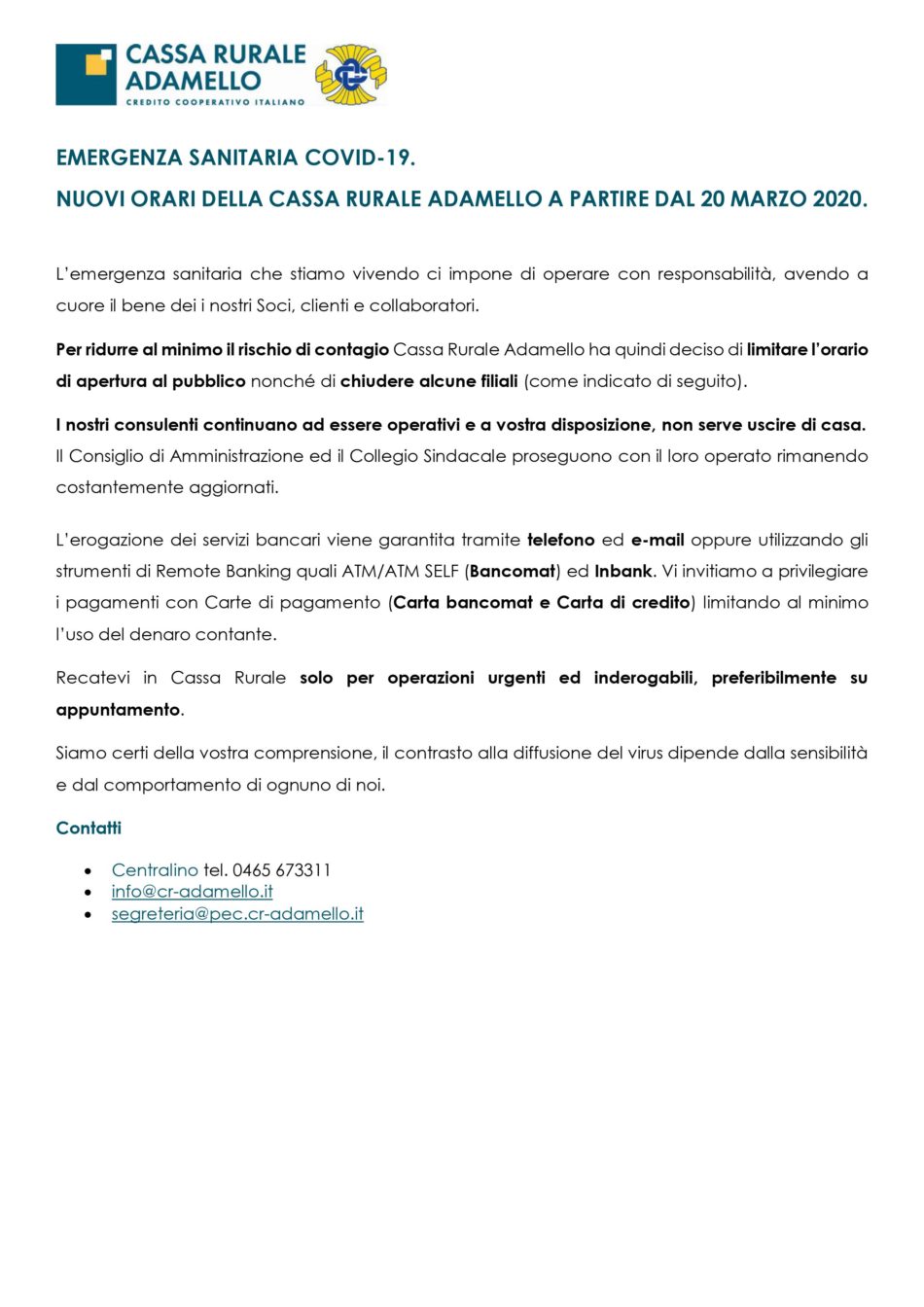 EMERGENZA SANITARIA COVID-19: NUOVI ORARI DELLA CASSA RURALE ADAMELLO A PARTIRE DAL 20 MARZO 2020