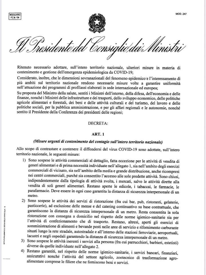 Nuovo DPCM 11 marzo 2020