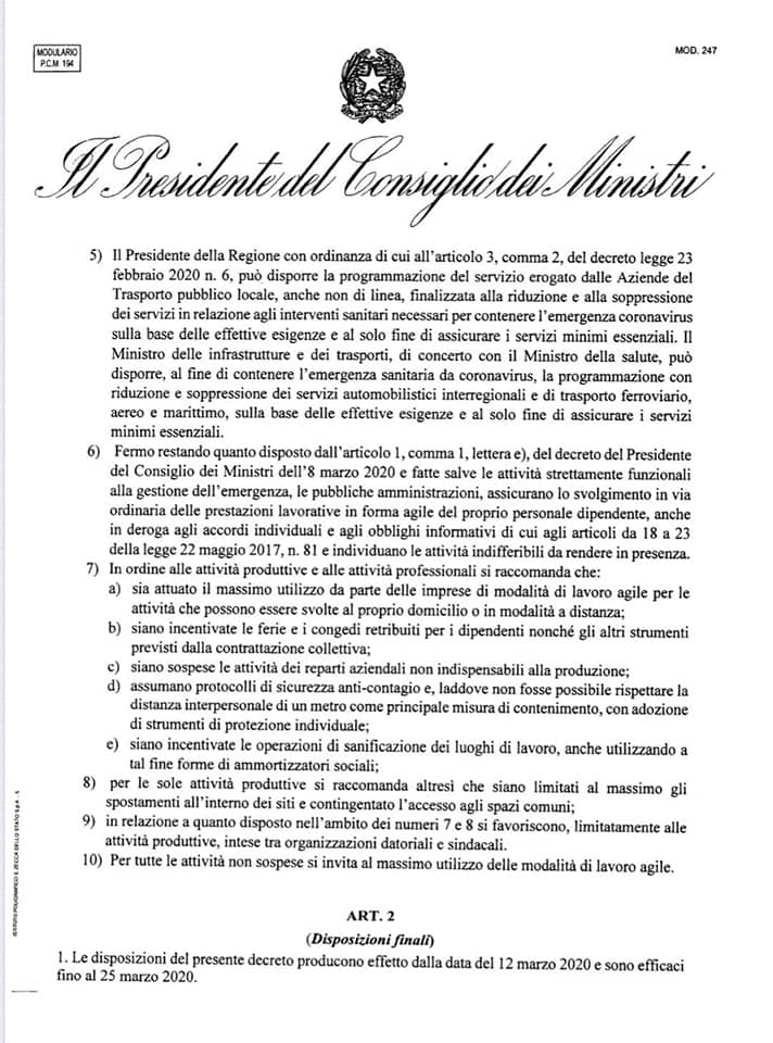 Nuovo DPCM 11 marzo 2020