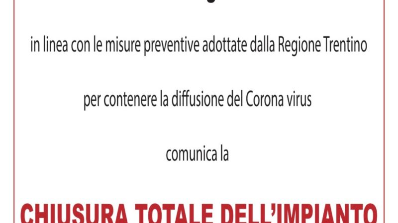 CHIUSURA TOTALE del Palaghiaccio di Pinzolo dal 10.03.2020 a inizio stagione estiva