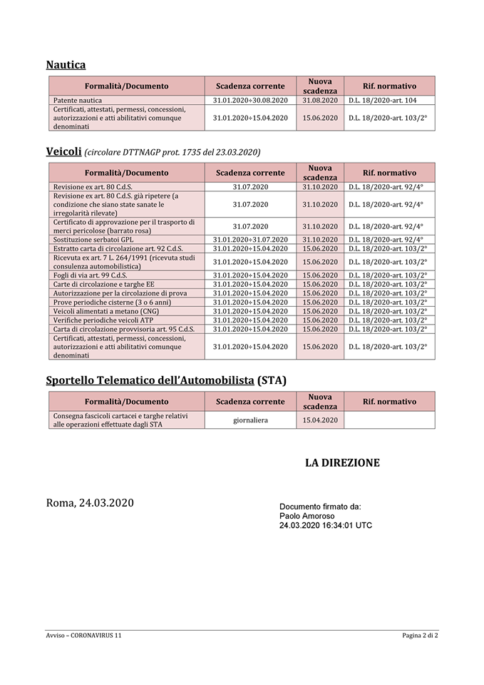 Avviso proroghe scadenze di documenti vari