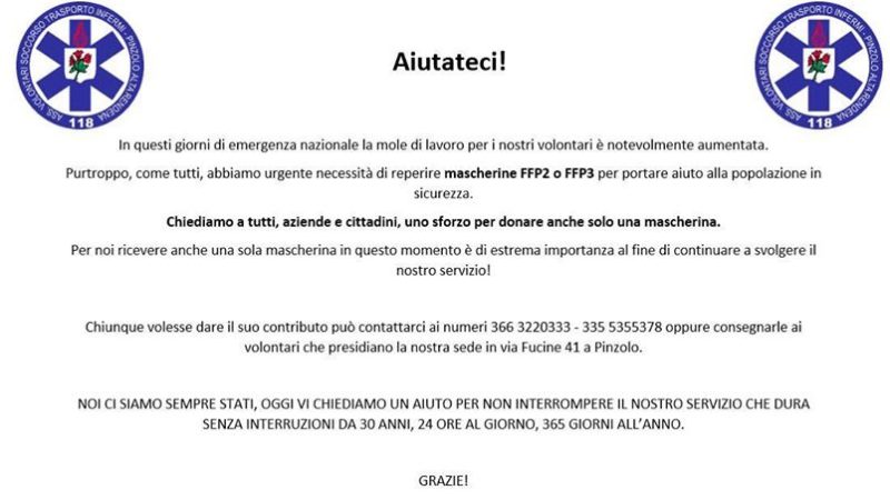 Associazione Volontari Soccorso Trasporto Infermi – Abbiamo urgente necessità di reperire mascherine FFP2 o FFP3 per portare aiuto alla popolazione in sicurezza