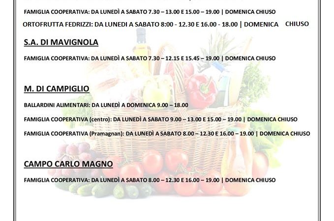 Ecco i nuovi orari di TUTTI GLI ALIMENTARI di Pinzolo, Sant’Antonio di Mavignola e Madonna di Campiglio