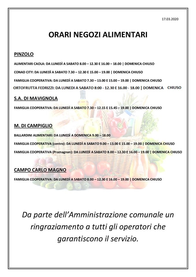 Ecco i nuovi orari di TUTTI GLI ALIMENTARI di Pinzolo, Sant’Antonio di Mavignola e Madonna di Campiglio