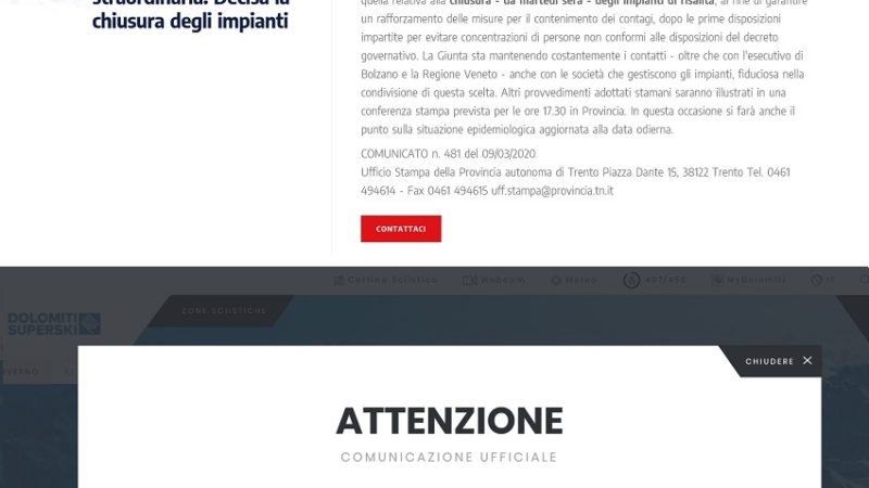 Skiarea Campiglio e Dolomiti Superski comunicano la chiusura degli impianti di risalita da domani