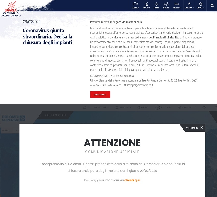 Skiarea Campiglio e Dolomiti Superski comunicano la chiusura degli impianti di risalita da domani
