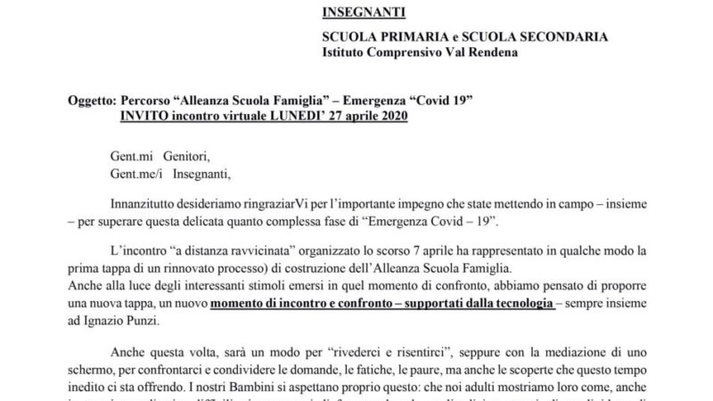 Istituto Comprensivo Val Rendena: NUOVO momento di incontro e confronto a distanza, con Ignazio Punzi, lunedì prossimo…