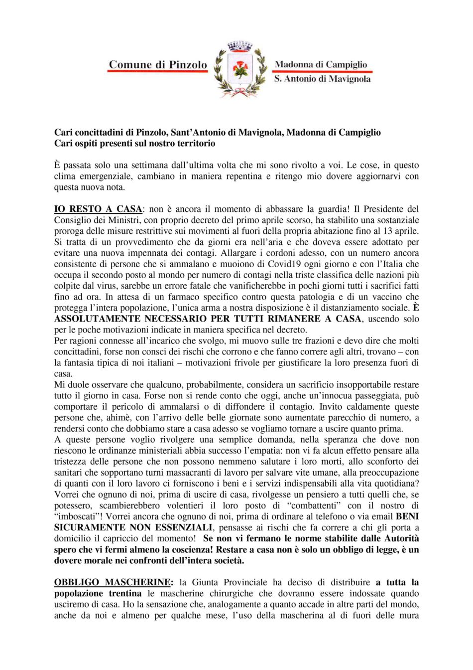 Comunicato del Sindaco di Pinzolo