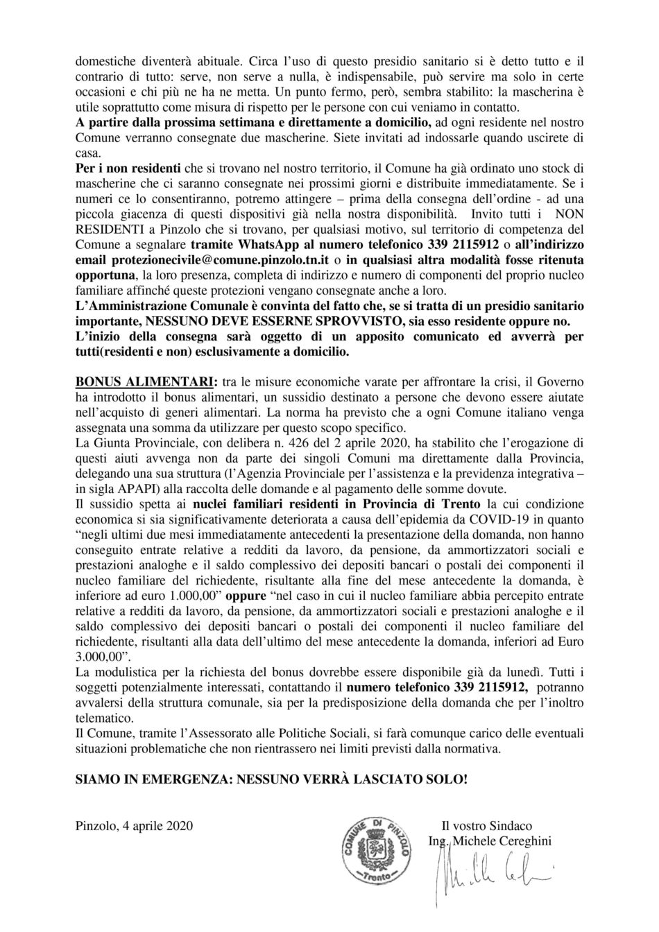 Comunicato del Sindaco di Pinzolo