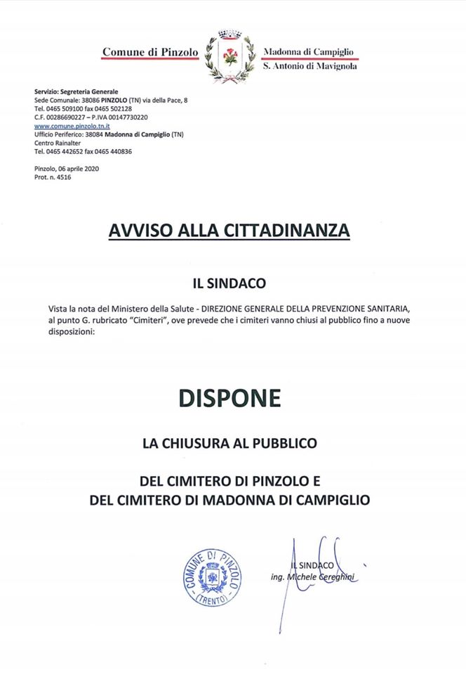 Il Sindaco dispone la chiusura al pubblico del Cimitero di Pinzolo e del cimitero di Madonna di Campiglio